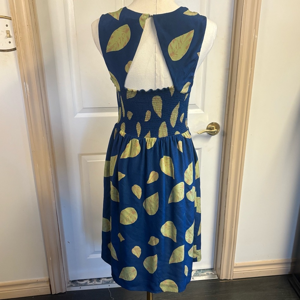 Anthropologie Maple 100% Silk Leaf Print Blue Dress - Picture 2 of 3